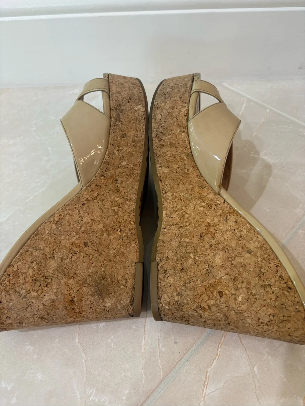 Jimmy Choo Perfume Nude Patent Leather Cork Platform Wedge Sandals